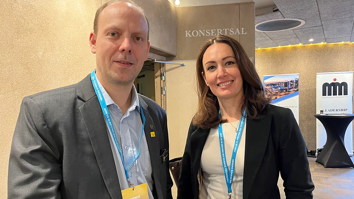 <p>Sven-Christian Ebenhag (Big Science Sweden) and Monika Fuller (RISE). Monika was looking forward to networking and hearing more about what is going at SKAO.</p>