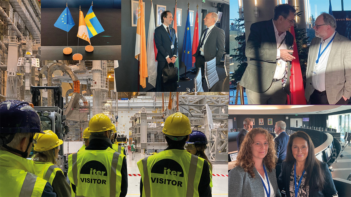 <p>Top centre: Max Collins, Big Science Sweden, and Magnus Göhran, System/Analysis Officer at ITER.</p>
<p>Top right: Pär Strand, Chalmers, and Alain Bécoulet, Chief Scientist at ITER</p>
<p>Bottom right: Catarina Sahlberg, Big Science Sweden and Anna Svensson, Senior Vice President, Hitachi Energy Sweden. In the background: Pietro Barabaschi, Director General of ITER, and Håkan Åkesson, Ambassador to France, Swedish Embassy.</p>